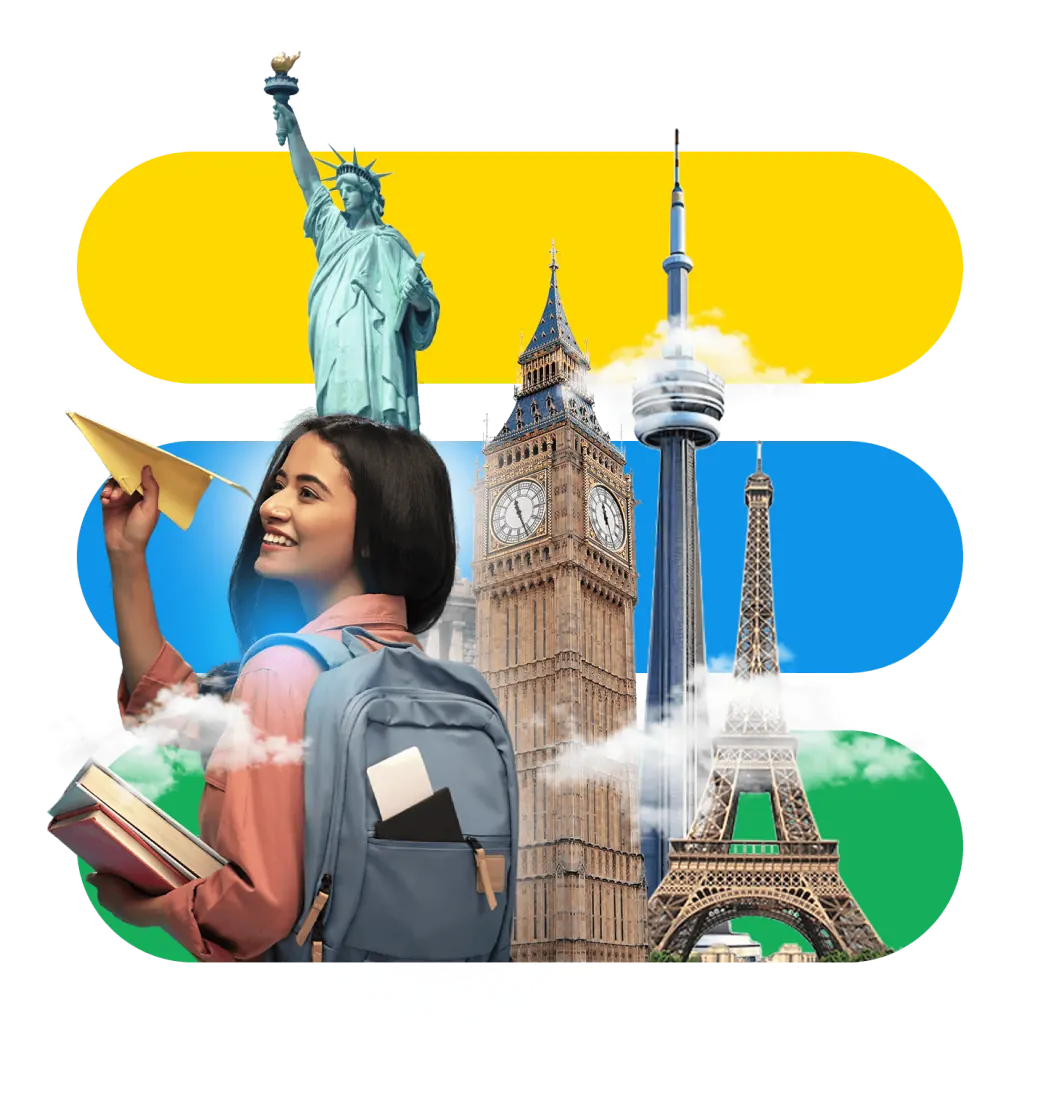 Study abroad with Admizz — student surrounded by world landmarks