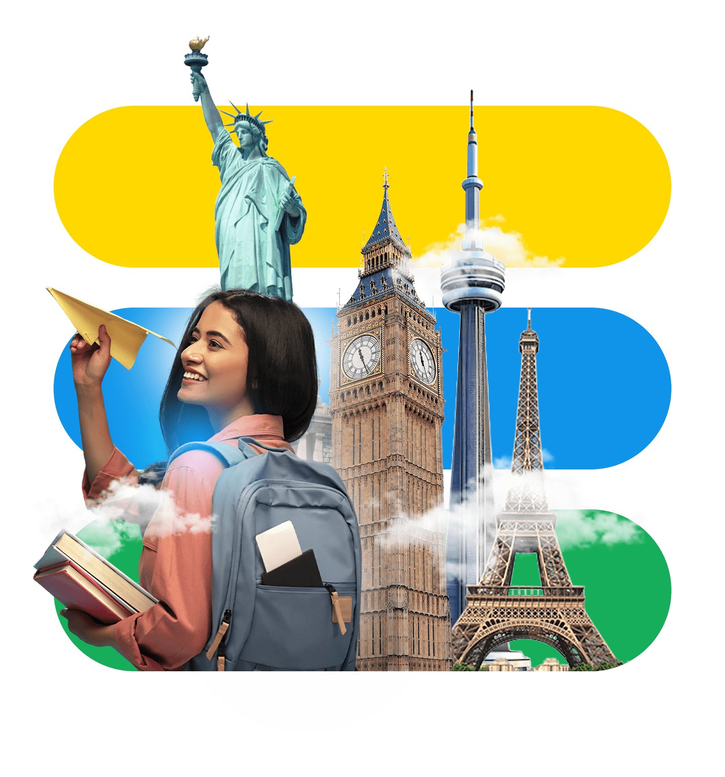 Study abroad with Admizz — student surrounded by world landmarks